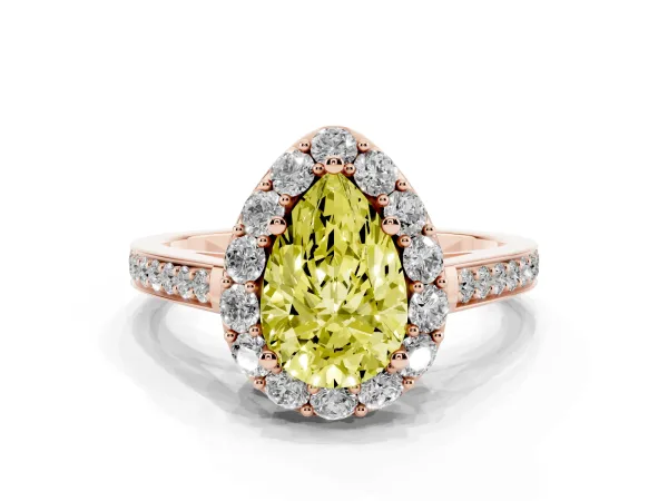 Fancy Yellow Pear Cut Diamond Floral Halo Ring with Pavé Band and Prong Setting Rose gold