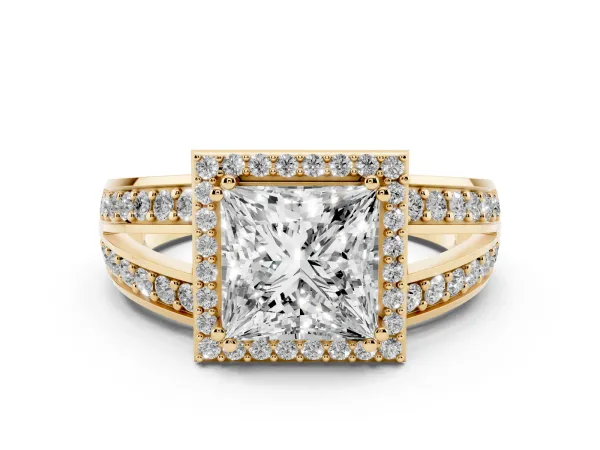 Princess Cut Diamond Halo Ring with Split Shank Pavé Band and Four-Prong Setting Yellow gold