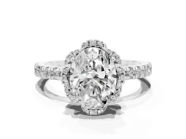 Oval Cut Diamond Halo Pave Band with Four-Prong Setting Platinum
