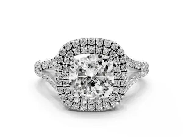 Cushion Cut Diamond Pavé Split Shank Double Halo Engagement Ring Platinum