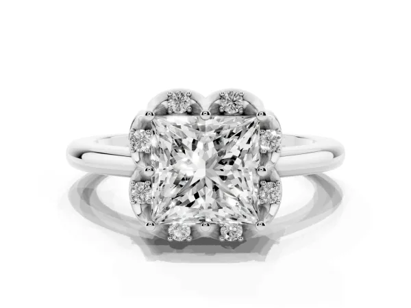 Princess Cut Halo Diamond Ring with Round Cluster Setting, Solitaire Band, and Four-Prong Setting Platinum