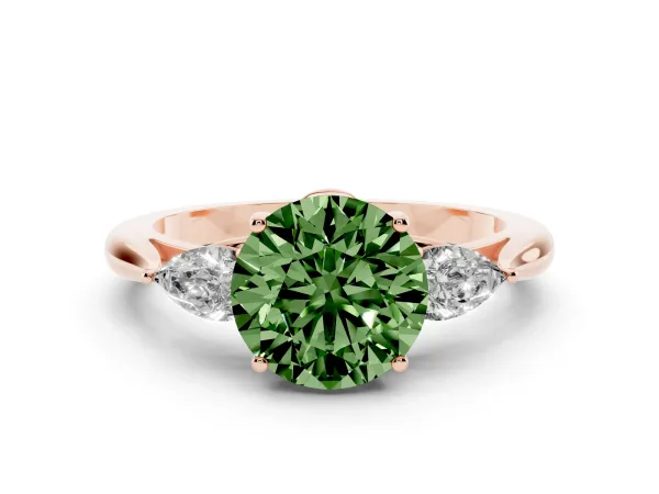 Fancy Green Three-Stone Round Cut Brilliant Diamond Solitaire Ring with Tapered Band and Four-Prong Setting Rose gold