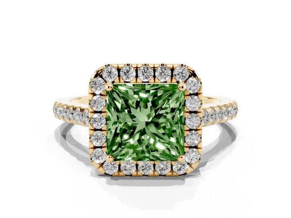 Fancy Green Princess Cut Halo Pave Diamond Engagement Ring with Four-Prong Setting Yellow gold