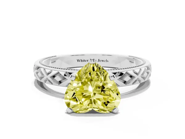 Fancy Yellow Heart Cut Solitaire Diamond Ring with Milgrain and Black Enamel X Pattern Band Platinum