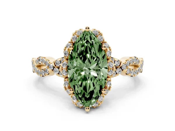 Fancy Green Marquise Cut Halo Twist Band Solitaire Ring with Six-Prong Setting Yellow gold