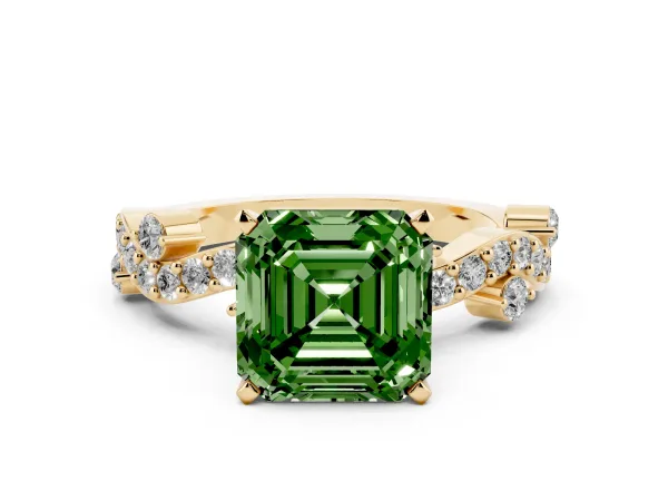 Fancy Green Asscher Cut Cut Solitaire Diamond Twisted Band with Pave Setting Yellow gold