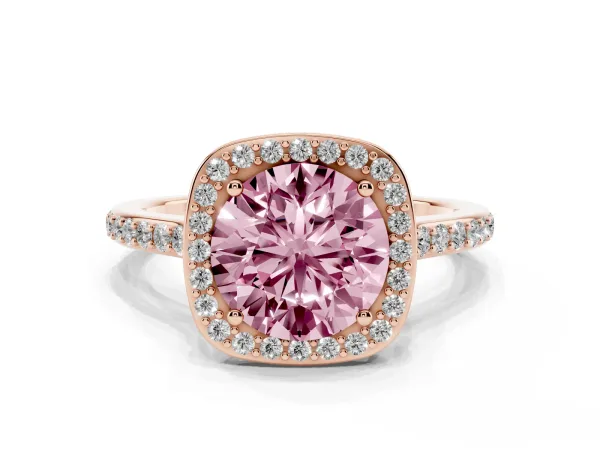 Fancy Pink Round Cut Diamond Halo Engagement Ring with Round Pavé Shoulders and Prong Setting Rose gold