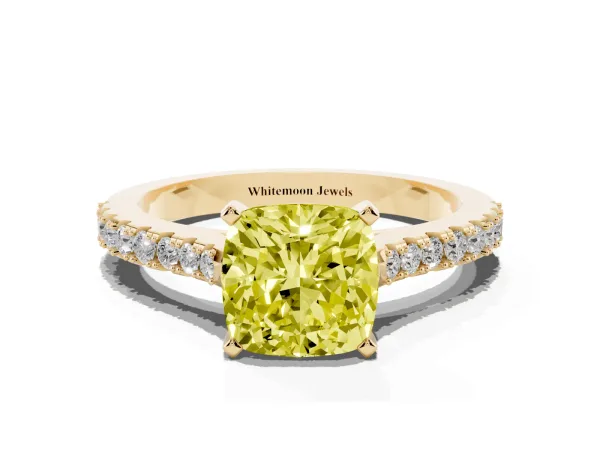 Fancy Yellow Cushion Cut Cut Solitaire Diamond Engagement Ring with Pave Band and Four-Prong Setting Yellow gold