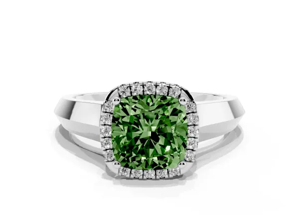 Fancy Green Cushion Cut Halo Diamond Ring with Cathedral Band and Four-Prong Setting White gold