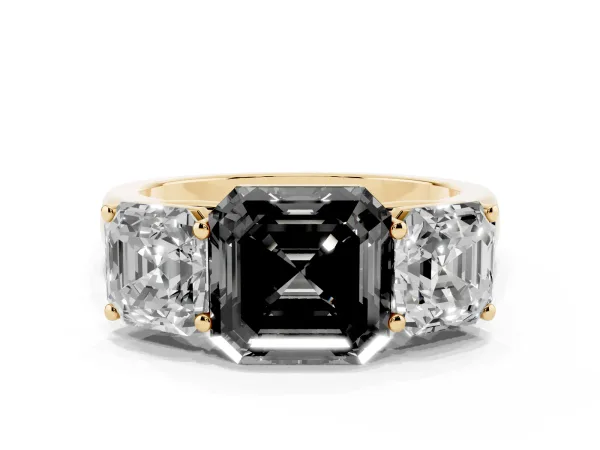 Fancy Black Asscher Cut Three-Stone Diamond Ring with Prong Setting on a Classic Band Yellow gold