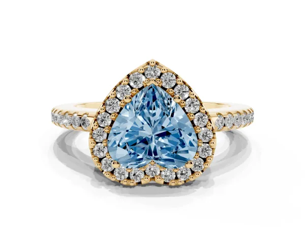 Fancy Blue Heart Cut Diamond Pavé Halo Ring with Four-Prong Setting Yellow gold