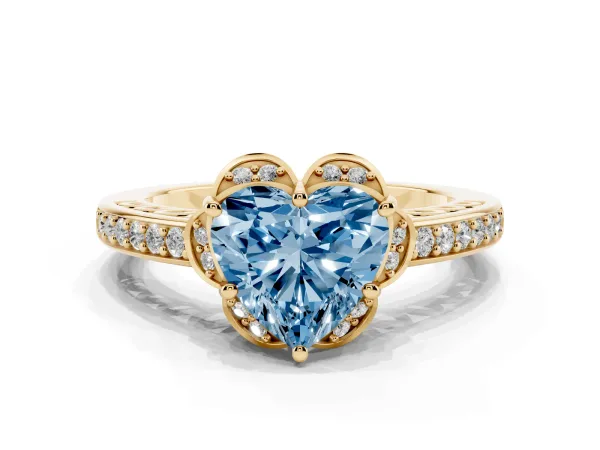 Fancy Blue Heart Cut Cut Halo Diamond Ring with Channel Set Band and Four-Prong Setting Yellow gold