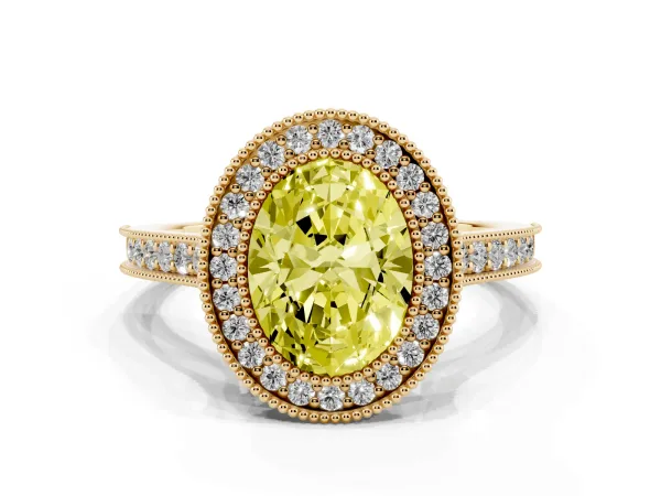 Fancy Yellow Halo Oval Cut-Cut Diamond Pave Band Milgrain Prong Setting Ring Yellow gold