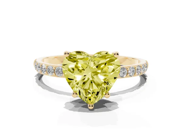 Fancy Yellow Heart Cut Diamond Solitaire Ring with Round Pavé Shoulders and Prong Setting Yellow gold