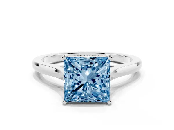 Fancy Blue Princess Cut Solitaire Heart Prong Engagement Ring with Tapered Band Platinum