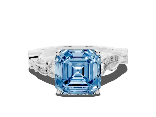 Fancy Blue Asscher Cut Solitaire Vine Band with Milgrain Prong Setting White gold
