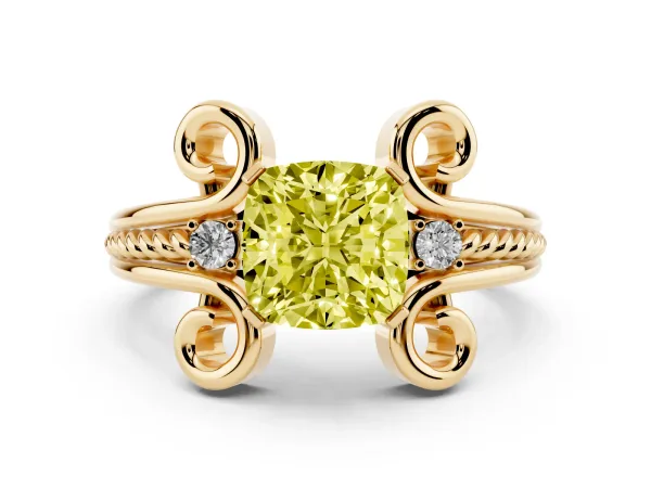 Fancy Yellow Cushion Cut Solitaire Twisted Band Scroll Prong Ring Yellow gold