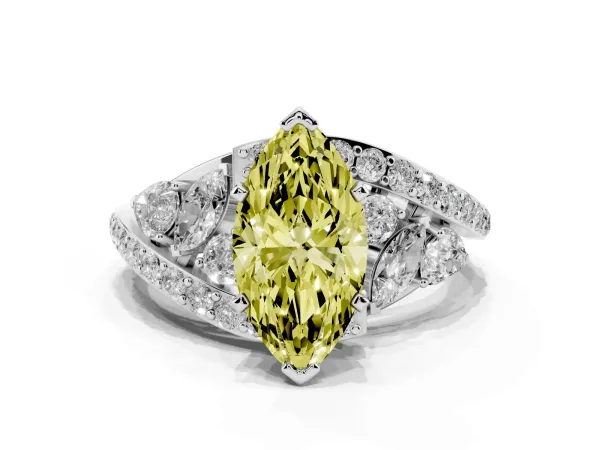 Fancy Yellow Marquise Cut Diamond Halo Ring with Marquise and Pavé Band in Prong Setting Platinum