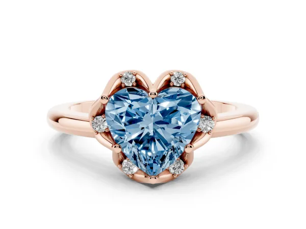 Fancy Blue Heart Cut Halo Diamond Ring with Round Cluster Setting, Solitaire Band, and Four-Prong Setting Rose gold