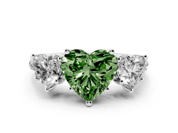 Fancy Green Three-Stone Heart Cut Diamond Ring with Round Pavé Band and Prong Setting White gold