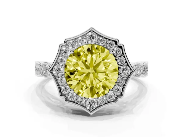 Fancy Yellow Round Cut Halo Diamond Engagement Ring with Milgrain Band and Four-Prong Setting Platinum