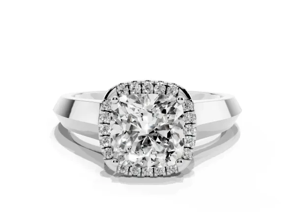 Cushion Cut Halo Diamond Ring with Cathedral Band and Four-Prong Setting White gold