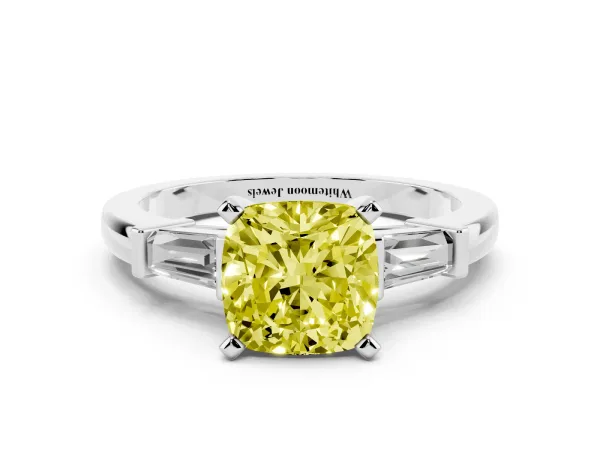 Fancy Yellow Cushion Cut Cut Diamond Solitaire Ring with Tapered Baguette Accents and Four-Prong Setting White gold