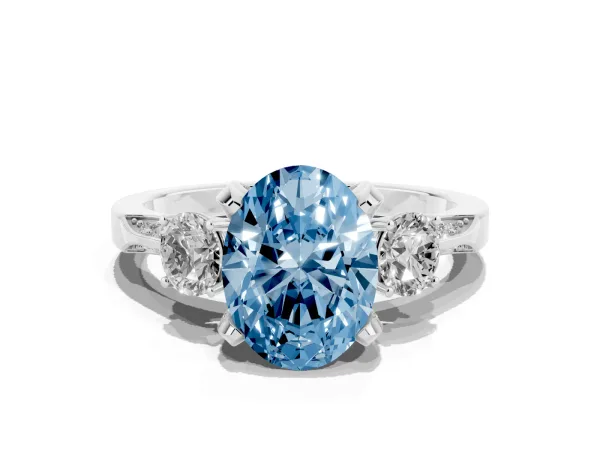 Fancy Blue Oval Cut Brilliant Three-Stone Diamond Ring with Pavé Band and Four-Prong Setting White gold