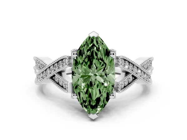Fancy Green Marquise Cut Cut Diamond Twisted Band with Milgrain Pave Setting and Four-Prong Setting Platinum