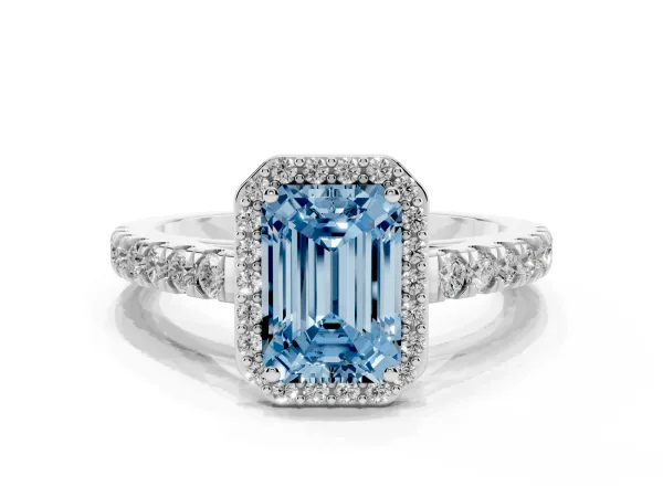 Fancy Blue Emerald Cut Cut Halo Diamond Engagement Ring with Pave Band and Four-Prong Setting Platinum