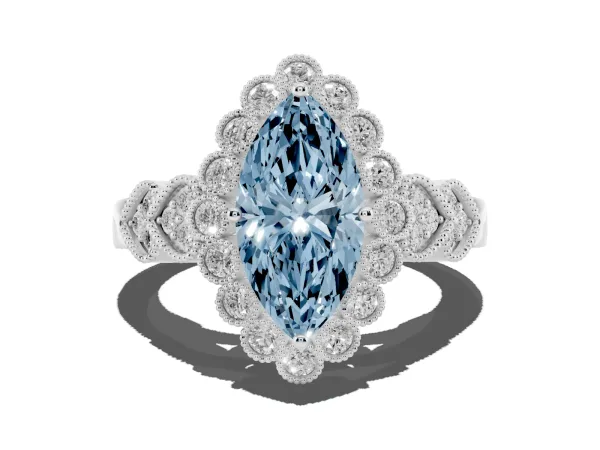 Fancy Blue Marquise Cut Brilliant Milgrain Pave Heart Band Solitaire Ring White gold