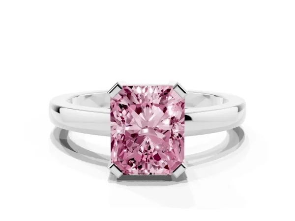 Fancy Pink Radiant Cut Cut Solitaire Ring with Four-Prong Setting and Classic Band Platinum