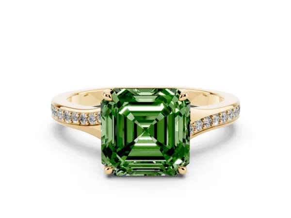 Fancy Green Asscher Cut Diamond Solitaire Ring with Pavé Band and Prong Setting Yellow gold