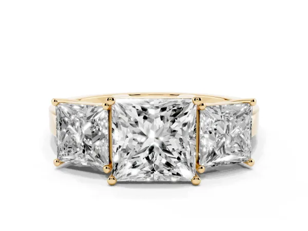 Three-Stone Princess Cut Cut Diamond Engagement Ring with Flat Band and Four-Prong Setting Yellow gold