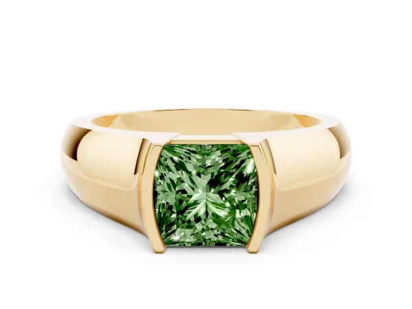 Fancy Green Princess Cut Solitaire Bezel Set Diamond Ring with Wide Band Yellow gold