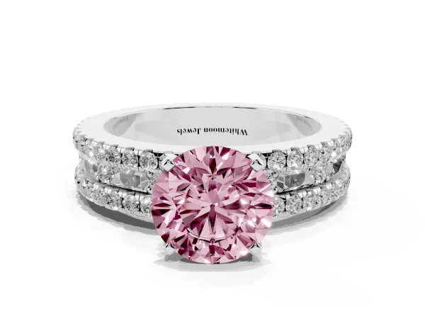 Fancy Pink Round Cut Diamond Solitaire Ring with Pavé and Channel Set Band White gold