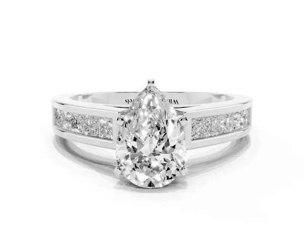 Pear Cut Solitaire Diamond Ring with Channel-Set Band and Four-Prong Setting White gold