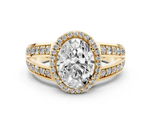 Oval Cut Diamond Halo Ring with Split Shank Pavé Band and Four-Prong Setting Yellow gold