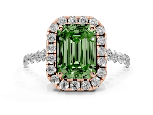 Fancy Green Emerald Cut Halo Pavé Diamond Engagement Ring with Four-Prong Setting Rose gold