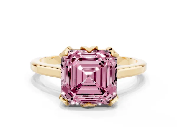 Fancy Pink Asscher Cut Diamond Solitaire Ring with Flower Prong Setting and Classic Band Yellow gold