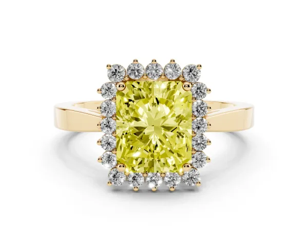 Fancy Yellow Radiant Cut Cut Diamond Halo Ring with Round Brilliant Halo and Solitaire Band Yellow gold