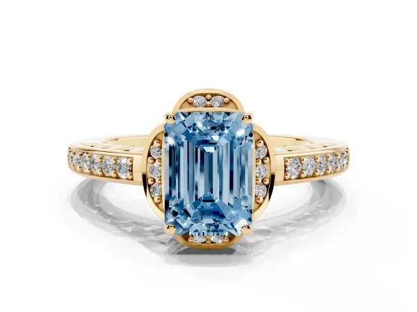 Fancy Blue Emerald Cut Cut Halo Diamond Ring with Channel Set Band and Four-Prong Setting Yellow gold
