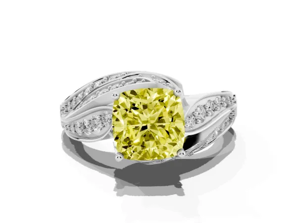 Fancy Yellow Cushion Cut Diamond Solitaire Ring with Prong Setting and Twisted Pavé Band Platinum