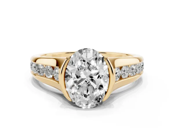 Oval Cut Solitaire Bezel-Set Diamond Ring with Channel-Set Band Yellow gold
