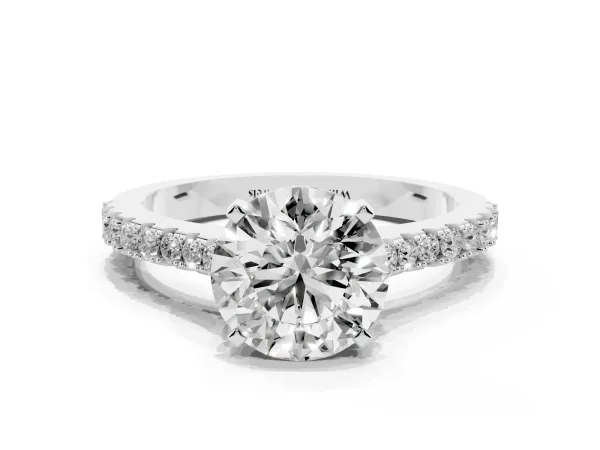 Round Cut Cut Solitaire Diamond Engagement Ring with Pave Band and Four-Prong Setting White gold
