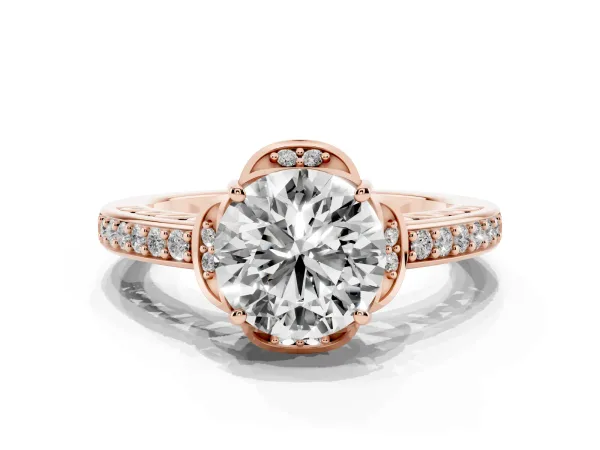 Round Cut Cut Halo Diamond Ring with Channel Set Band and Four-Prong Setting Rose gold
