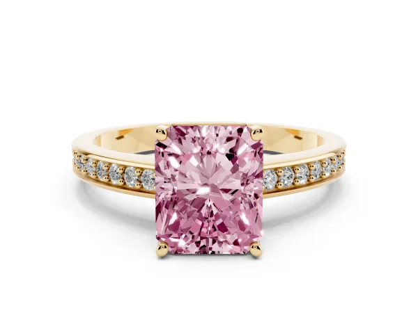 Fancy Pink Radiant Cut Solitaire Pavé Band Prong Setting Ring Yellow gold