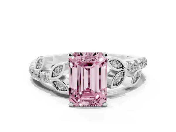 Fancy Pink Emerald Cut Solitaire Leaf-Inspired Diamond Ring with Pavé Band and Four-Prong Setting Platinum