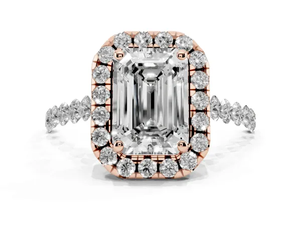 Emerald Cut Halo Pavé Diamond Engagement Ring with Four-Prong Setting Rose gold