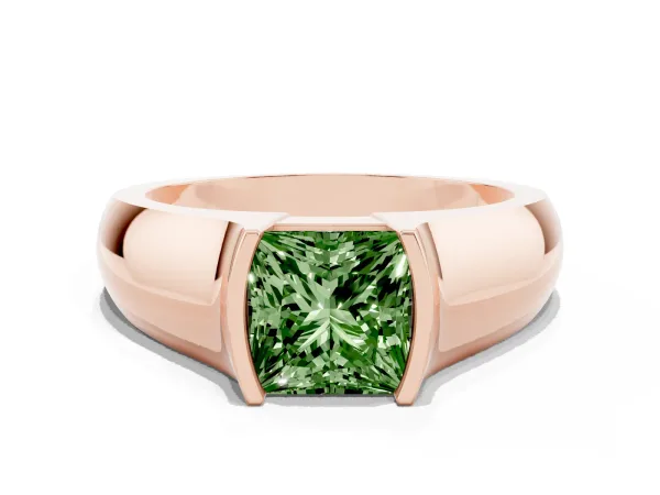 Fancy Green Princess Cut Solitaire Bezel Set Diamond Ring with Wide Band Rose gold